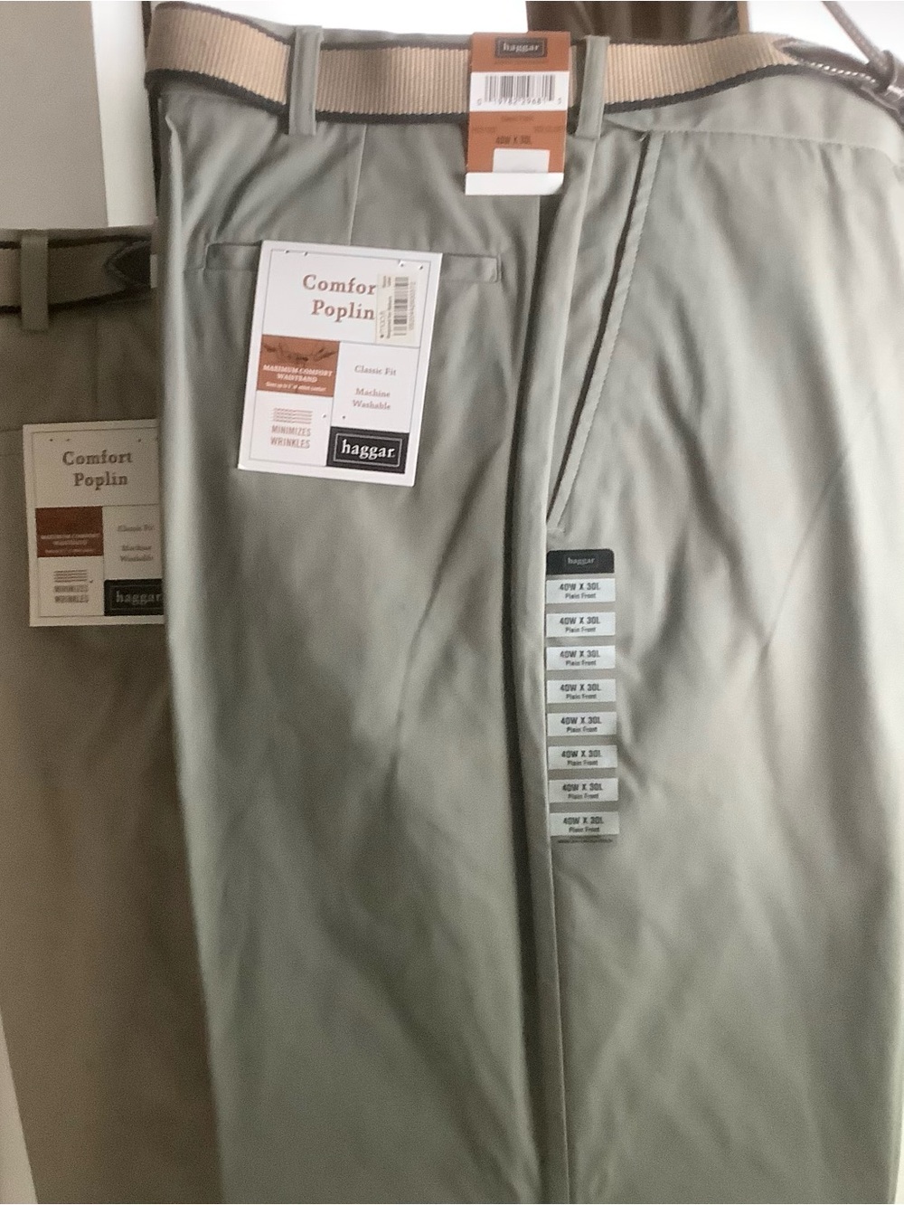 Haggar Men's Comfort Poplin Pants — 2 Pairs-40W/30L-Olive Green/Tan-Brand New!